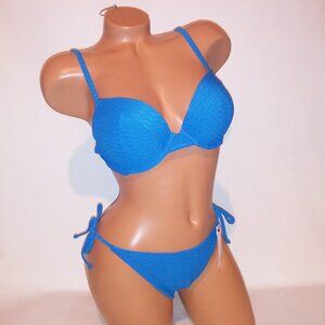 Victoria Secret Swim Bikini Top & Bottom Cheeky Blue Push Up Textured String Tie